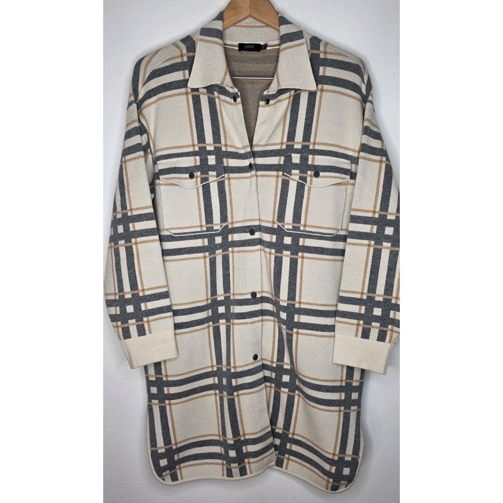 New Yest Plaid Shacket Long‎ Cardigan Sweater Woman 4 Pockets Super Soft Beige